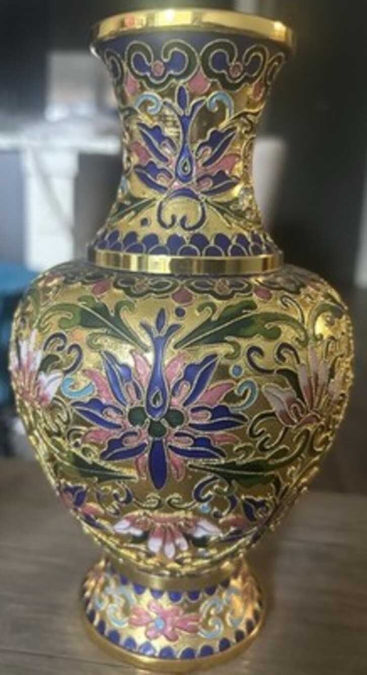 Vintage, 1990s, Cloisonné Vase, Brass and Enamel, 8"Tall